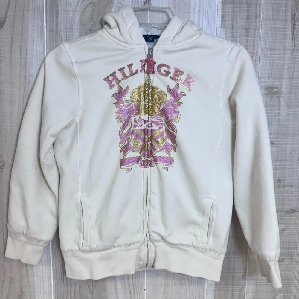 Y2k Kids White Hoodie with Pink and Gold Crest Hilfiger Fleece Lined Heavy 14